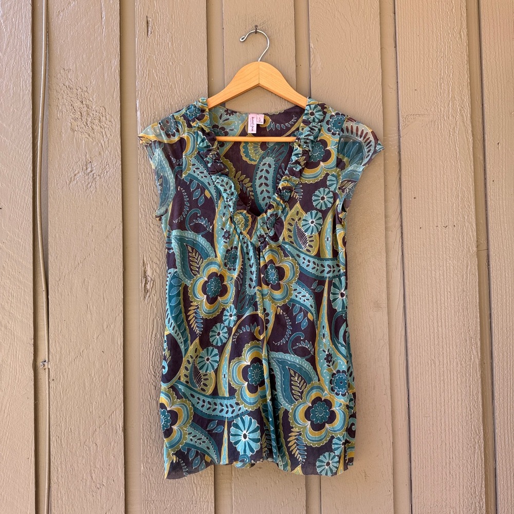 Sweet Pea Paisley Mesh Top Women Large Ruffle V-Neck Cap Sleeve Blue Green Brown